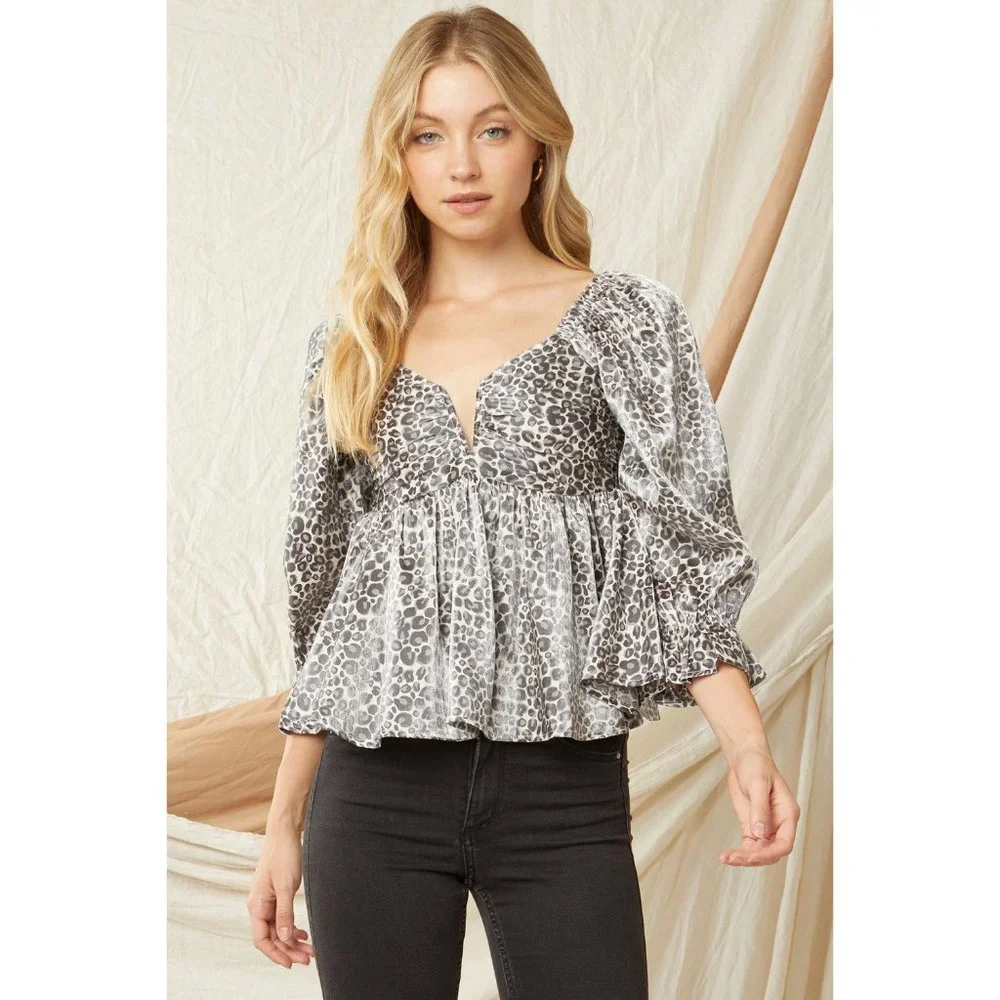 Entro Leopard Iridescent Babydoll Top, Sand - Picture 1 of 6